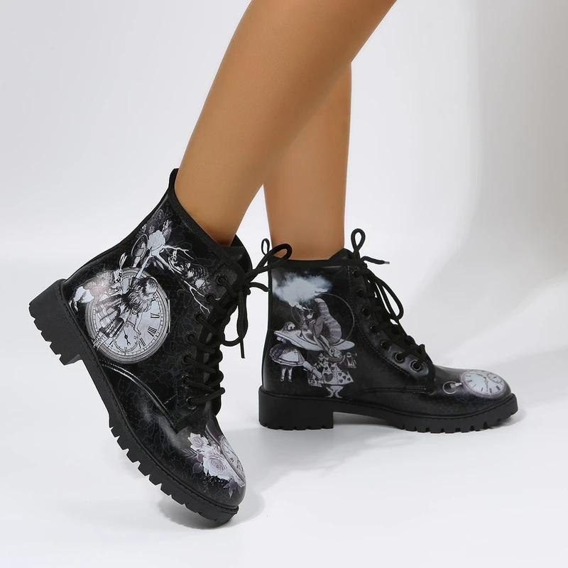 

Женские осенне-зимние новые сапоги с высоким берцем и цветочным принтом черепа женская уличная повседневная обувь ботинки челси