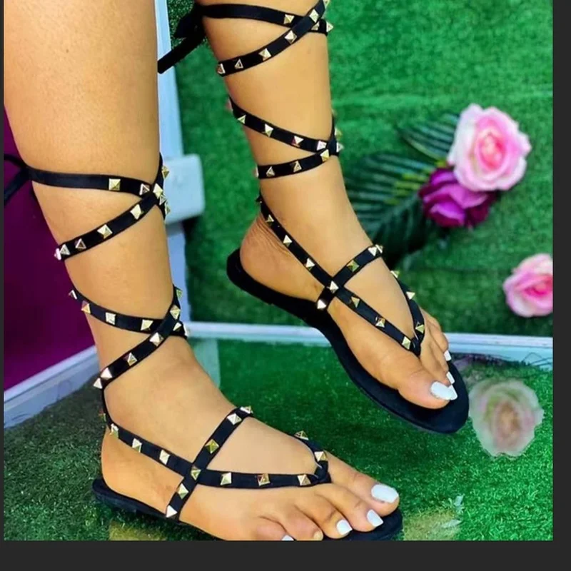 

Women Sandals Flat Shoes with Strap Flip Flops Summer Roman Rivet Casual Luxury Elegant Gothic Fashion Beach Ladies on Offer Hot