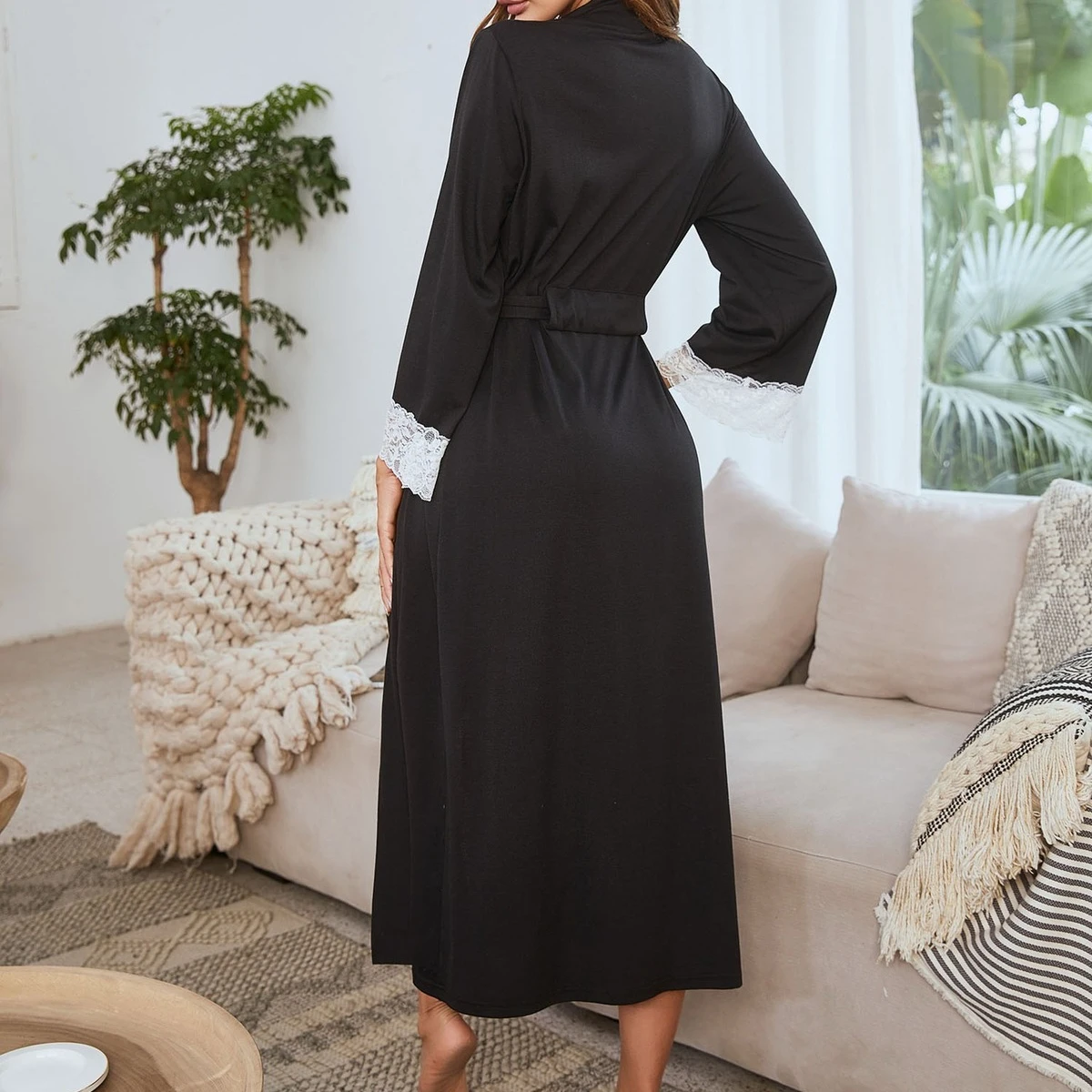 Women's Nightgown Lace Stitching Cuffs Mid-length Bandage Nightgown Bathrobe Pajamas Long Robe  Bath Robe Women  Sleepwear