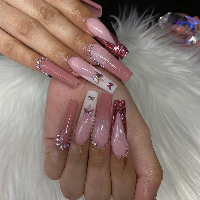 

JP1714 Rhinestone Glitter V Shape French Tip Press on Nails with Designs Extra Long Wear Nails Wholesale Bulk