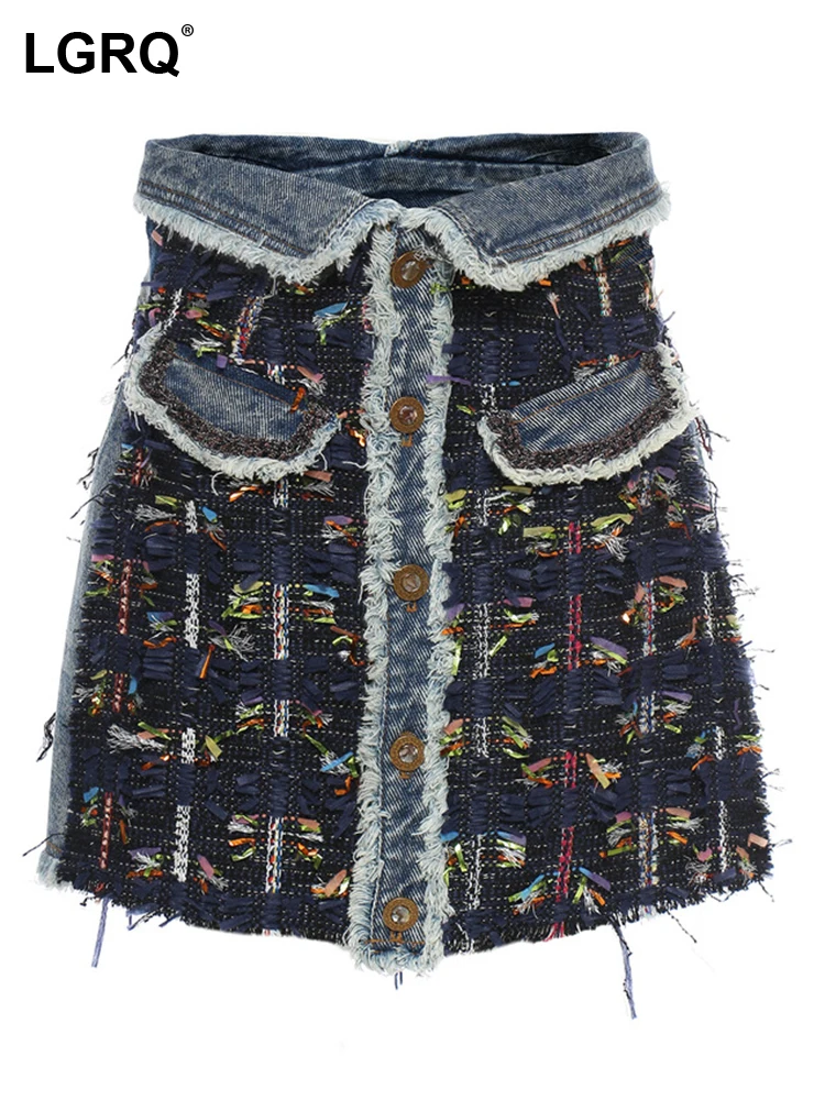 

LGRQ Splicing High Wornout Quality Tassel Fashion Design Women's Short Skirt 2023 New Denim Printed Patchwork Trendy Street Wear