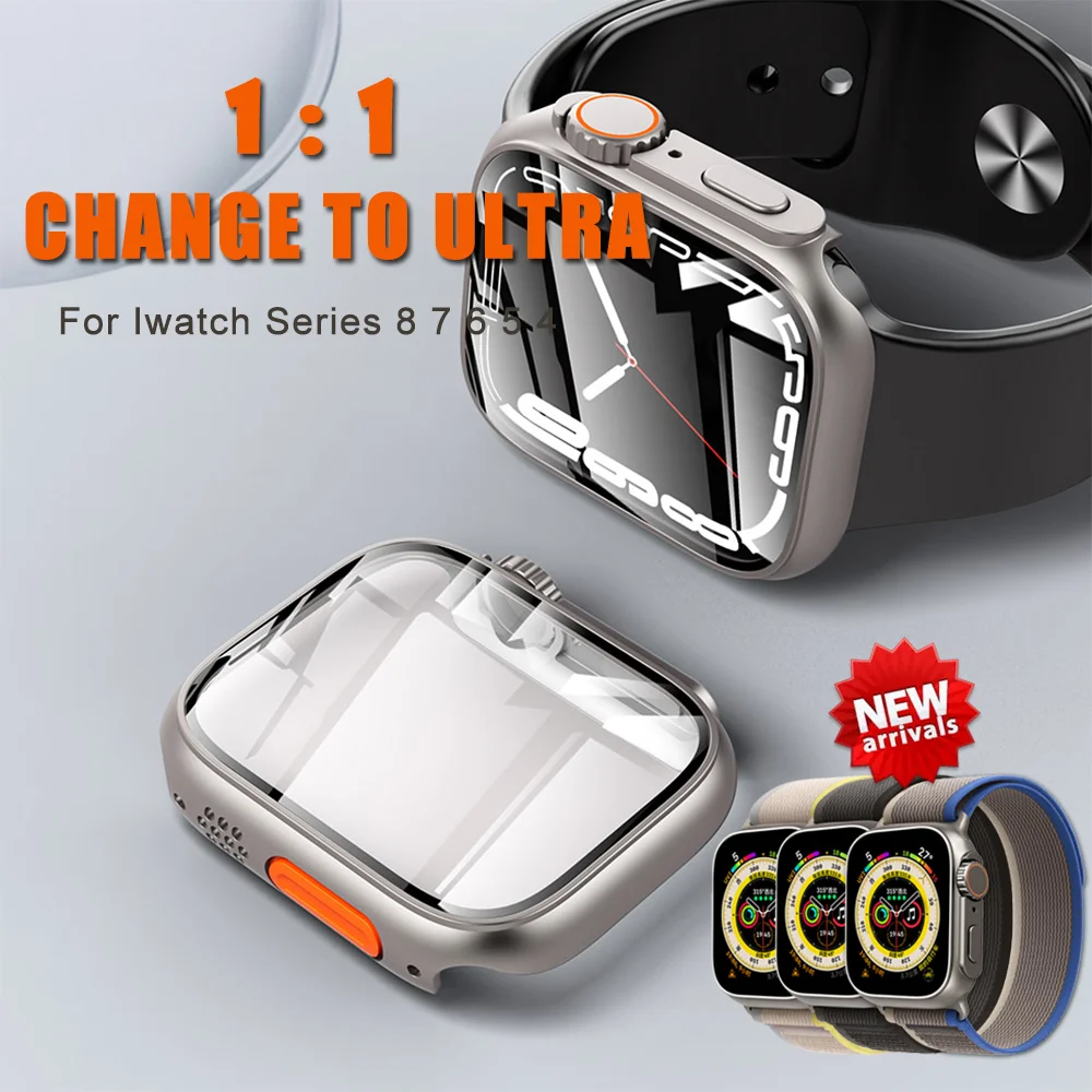 

Change to Ultra For Apple Watch Series 8 7 45mm For iWatch 4 5 6 se 44mm Tempered Glass Screen Protector Case Upgrade to Ultra