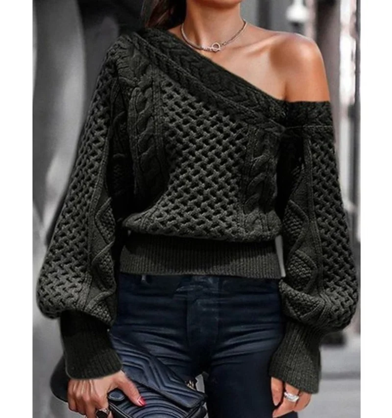 

Women's Winter One-neck Loose Knitted Pullover Knit Sweater Autumn Sexy Red Off Shoulder Long Lantern Sleeve Sweater Green Black