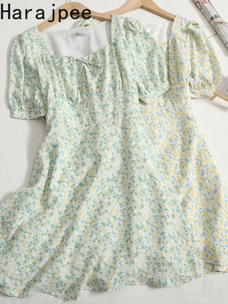 

Платье в стиле харадзпи с принтом во французском стиле, винтажное милое летнее платье в Корейском стиле с квадратным воротником и узким рук...
