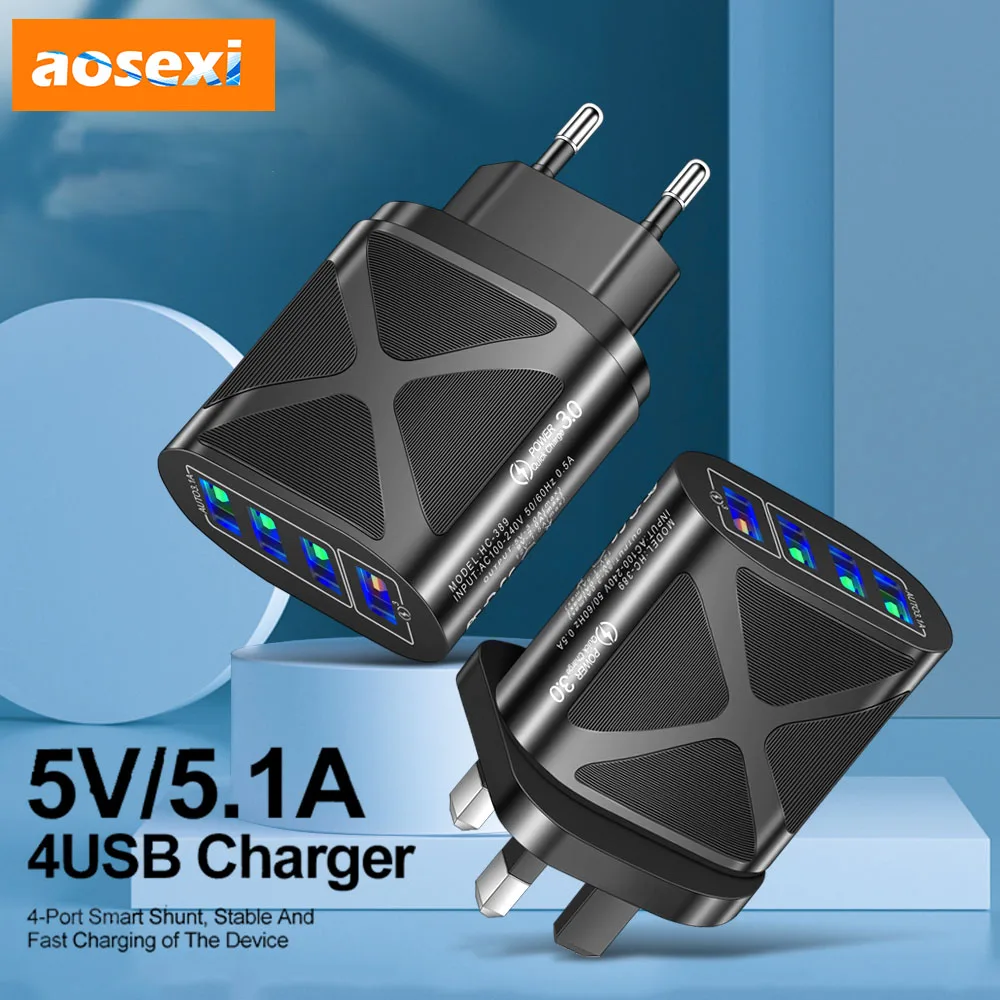 

Aosexi Original Fast Charger 4 Port USB QC3.0 Fast Charge for iPhone 13 12 Pro Samsung Xiaomi Poco ipad Power Adapter US EU Plug
