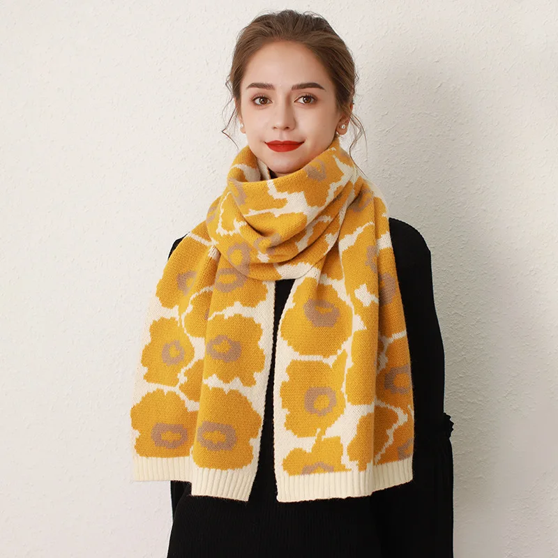 

Knitted Scarf Women Winter Double Sided With Thick Woolen Yarn Knitting Scarves Warm Yellow Sunflower Long Muffler 180CM