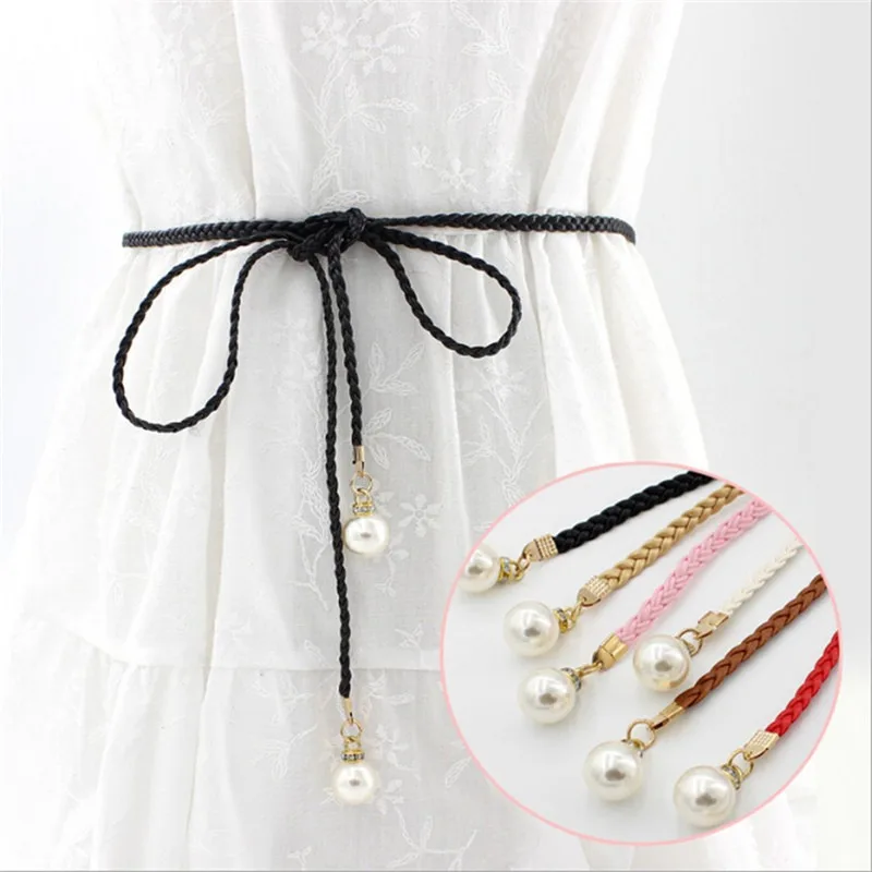 

Fashion Thin PU Leather Belt Simulated Pearl Elastic Waist Belts Women Dress Skirt Decoration Fashion Girles Gifts Women Belt