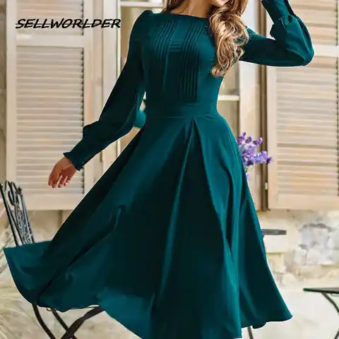 Women Elegant Long Sleeve Pleated Midi Vestidos  Winter Women Casual Dresses Vintage Solid Color Autumn Dress