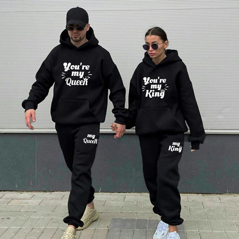 

Men Women Tracksuit Suit You Are My King Queen Print Design Couples Hoodie and Pants 2 Pieces Lovers Casual Sportwear Clothes