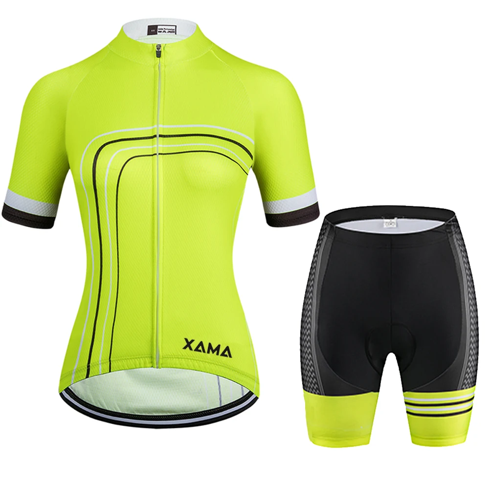 

2021XAMA PRO Women's Fluorescent Yellow Short Sleeve Cycling Jersey Sets MTB Clothing Conjunto Feminino Ciclismo Maillot Mujer