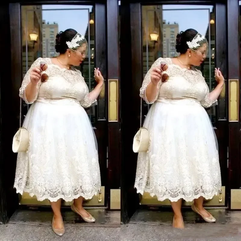 

Plus Size Custom Mother＇s Dresses A Line Square Three Quarter Tea-Length Embroidery Applique Lace Illusion