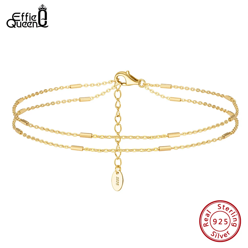 

Effie Queen 925 Sterling Silver Layered Cable Chain Anklet with Horizontal Bar for Women Summer 14K Gold Foot Chain Jewelry SA35
