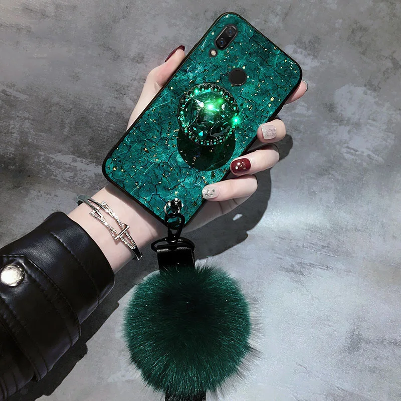 Luxury Marble Glitter Hairball Case For Huawei Y9 Prime 2019 Y6 Y7 2018 2019 P20 Pro P30 Lite P40 Lite P30 Pro Cute Bling Cover