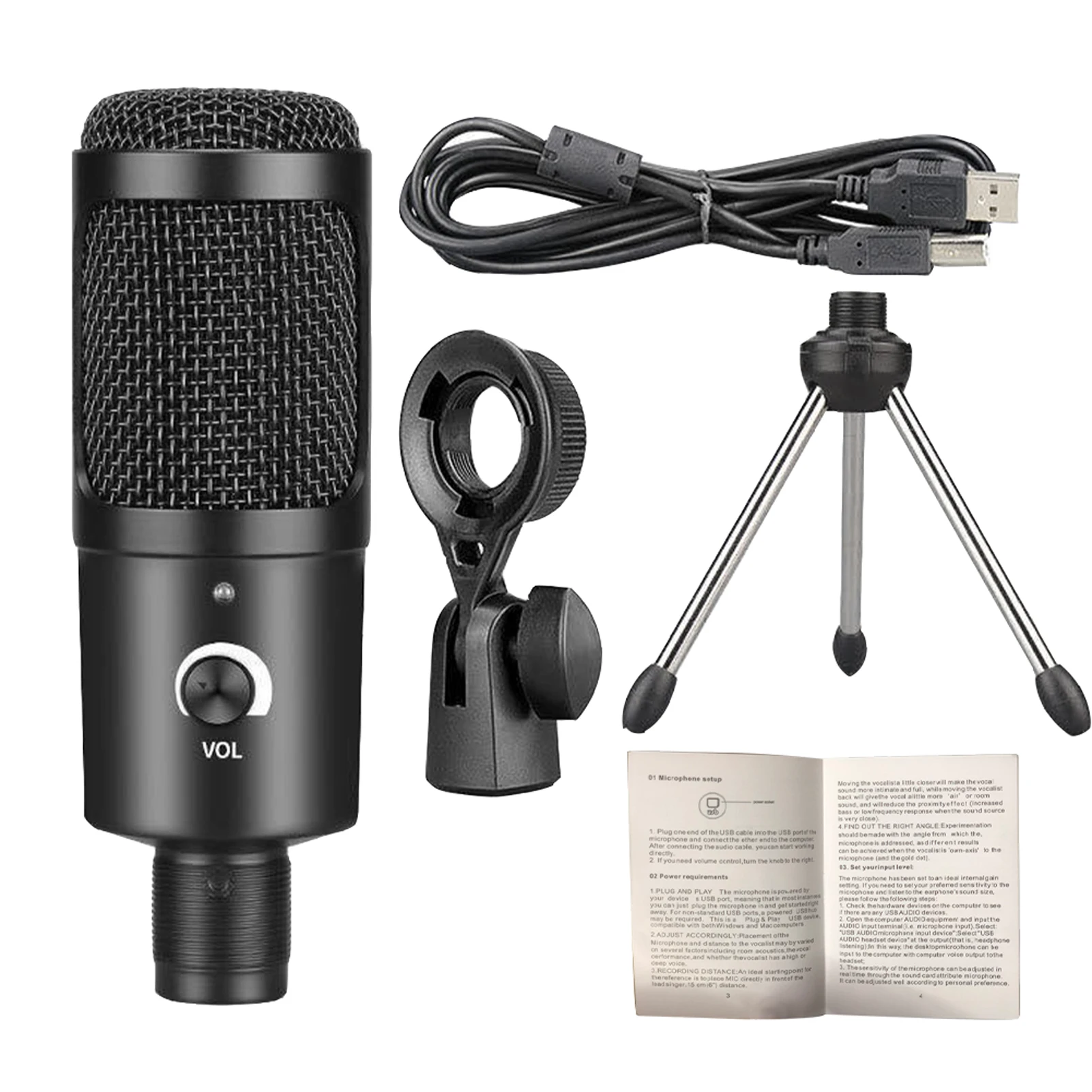 

Live Streaming USB Powered Voice Overs Condenser Microphone Kit Desktop Tripod 180 Degree Rotatable Studio Cardioid For Laptop