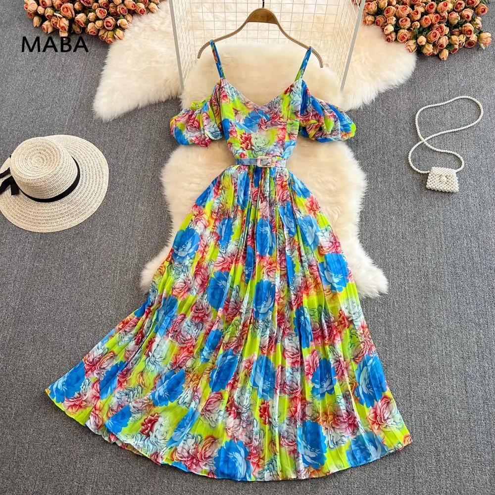 

Beach Holiday Spaghetti Strap Dress Women Summer V-neck Off Shoulder High Waist Floral Boho Chiffon Pleated Maxi Dress Vestidos