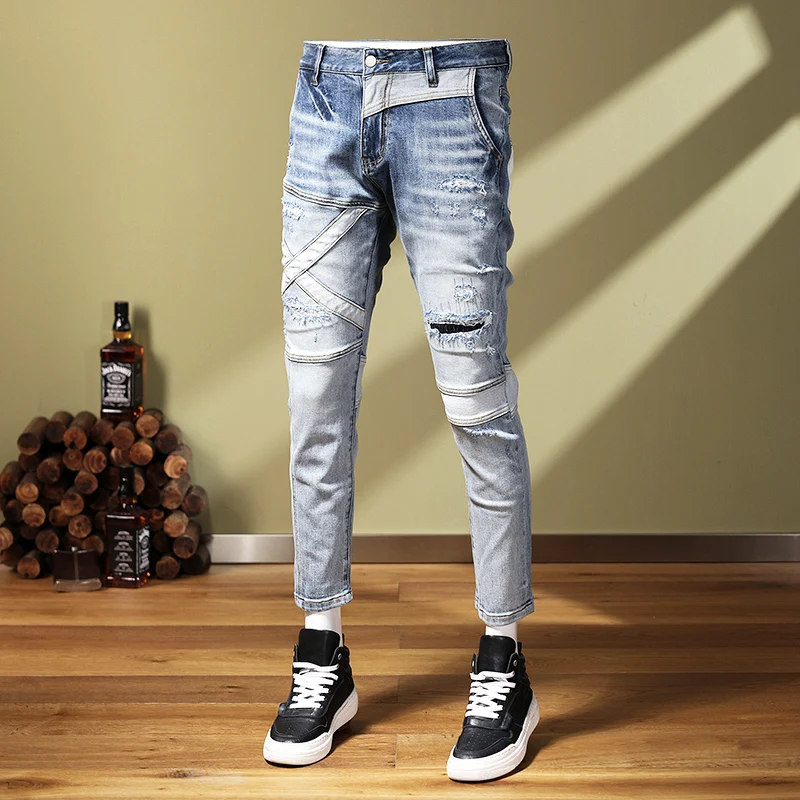 Street Fashion Men Jeans Retro Light Blue Spliced Designer Skinny Ripped Jeans Men Patchwork Hip Hop Denim Pencil Pants Hombre