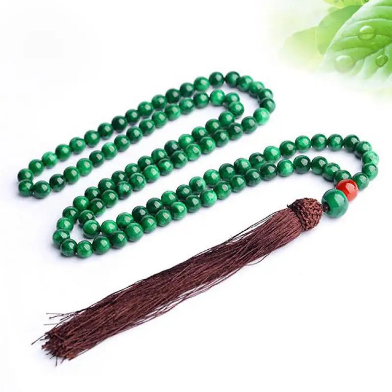 

8mm Emerald Myanmar Jadeite Multilayer Tassel Charm Bracelet Men Women Green Jades 108 Bead Mala Lucky Amulet Bracelets Bangle