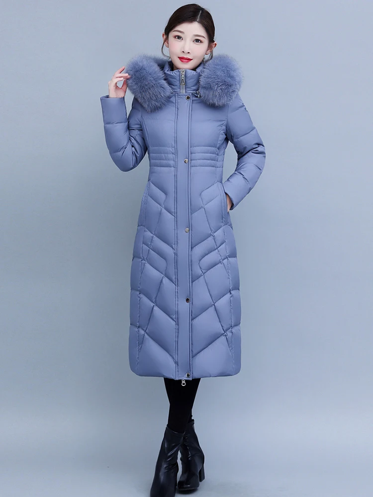 New Women Down Jacket Winter Casual Fashion Thicken Warm Real Fox Fur Collar Hooded Long White Duck Down Coat Slim Overcoat