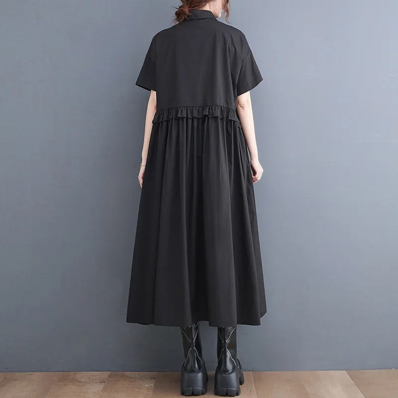 Женское Плиссированное Платье #3319 черное синее платье-рубашка с оборками