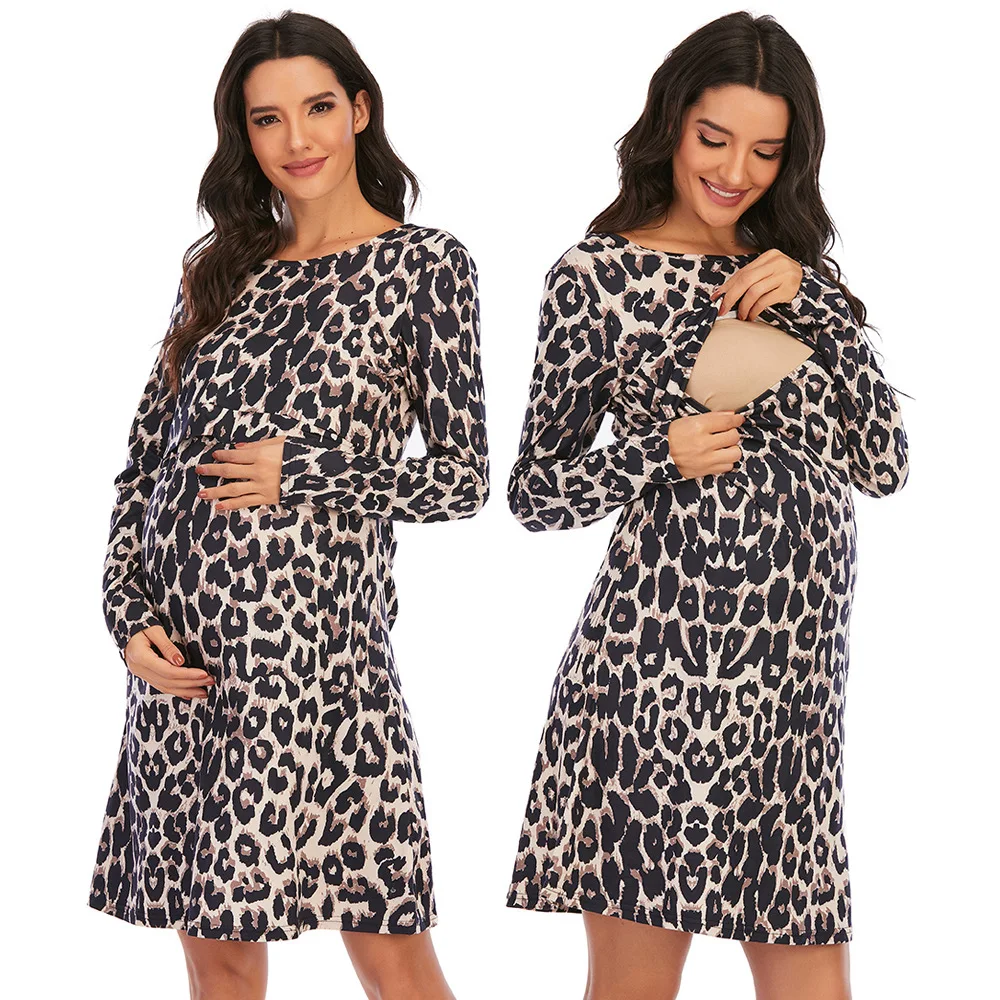 Maternity Dress Spring Leopard Print Maternity Breastfeeding Pregnancy Dresses Long Sleeve Nursing Dress For Pregnant Women