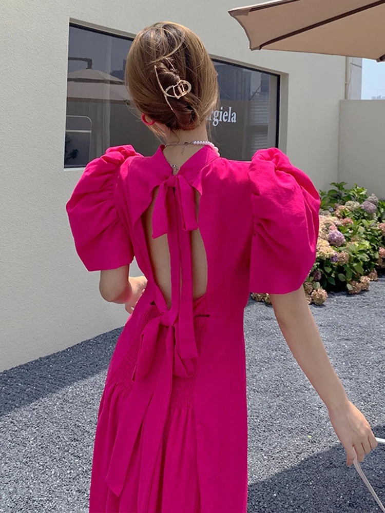 

Женское платье с открытой спиной, пикантное платье с пузырьковым рукавом для отпуска, темпераментное тонкое розово-красное платье с закрыв...