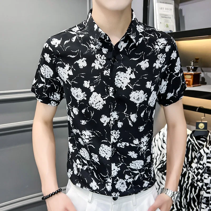 Vintage Flower Shirts Men Summer Short Sleeve Slim Casual Shirt Business Formal Dress Shirts Social Tuxedo Blouse Men Clothing