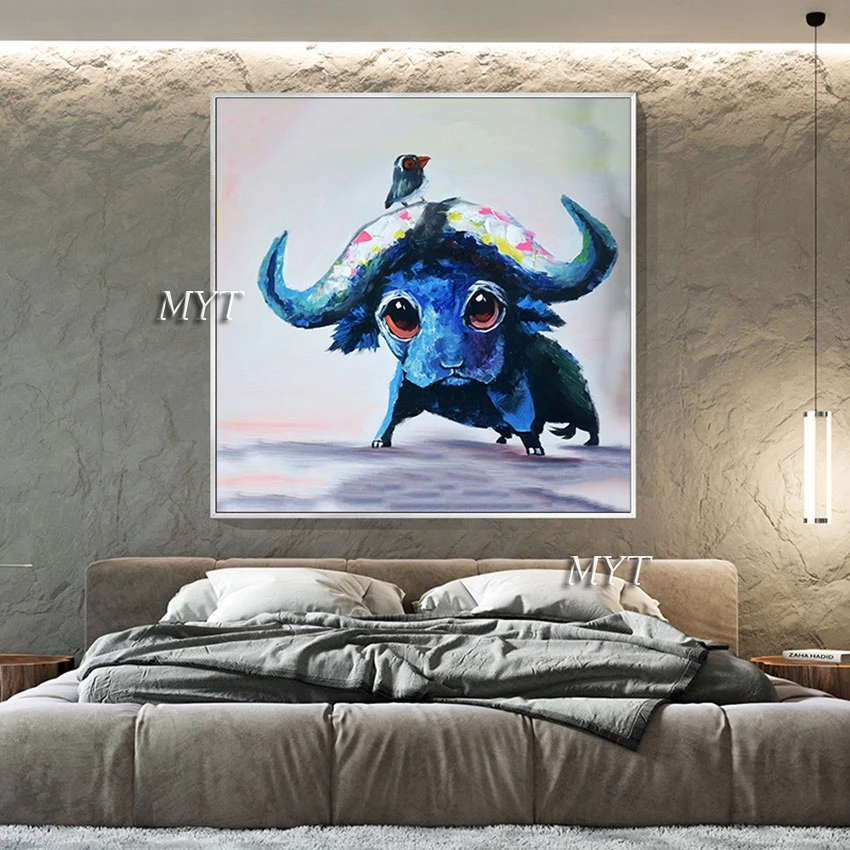 

No Framed Quality Artwork Cute Cartoon Cow Animal Oil Painting Wall Art For Restaurant Canvas Home Decoration Modern Picture