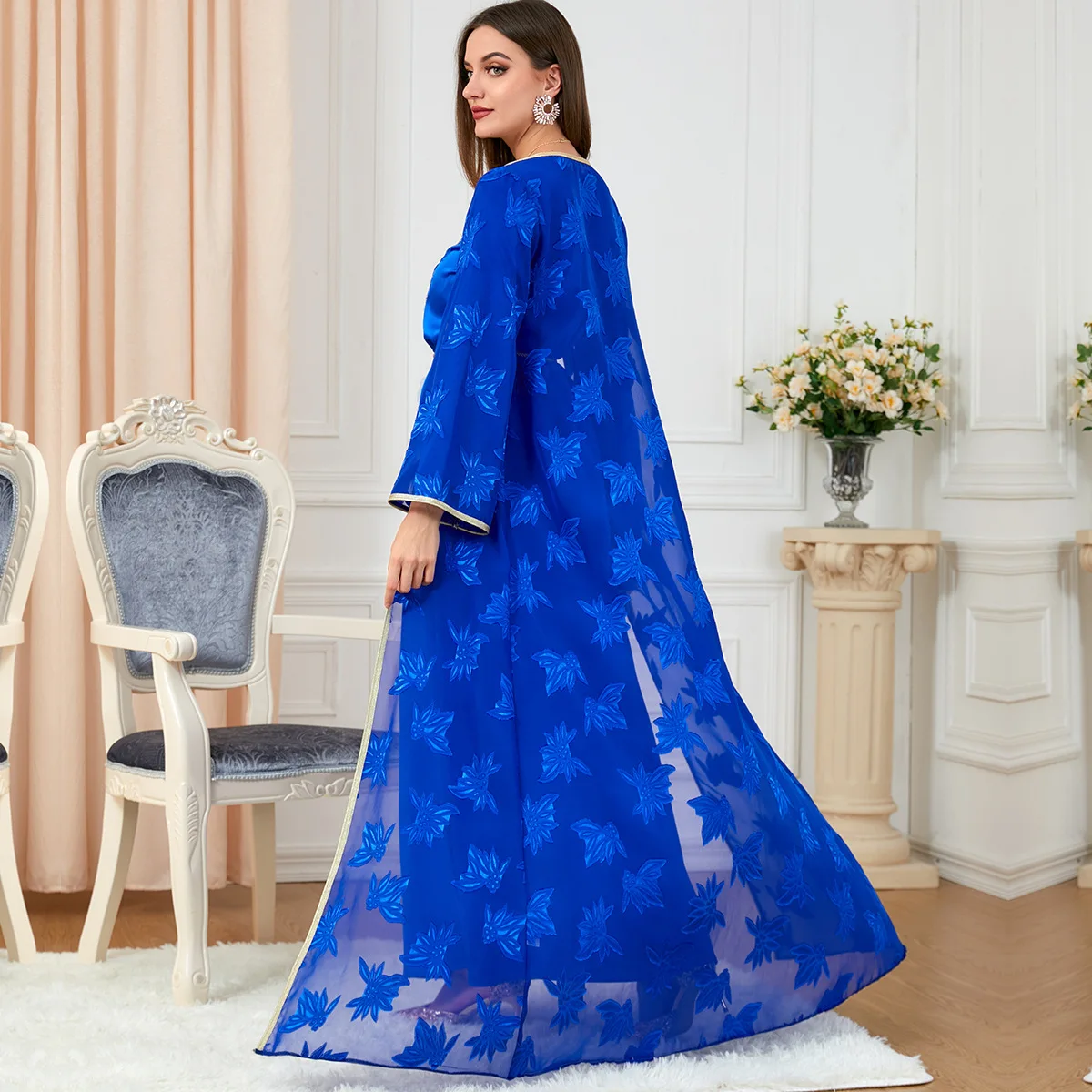 Eid Ramadan Morocco Muslim Women Dress Abaya 2 Piece Set Kaftan V-Neck Maxi Long Sleeve Arabic Turkey Dubai Luxury Evening Robe
