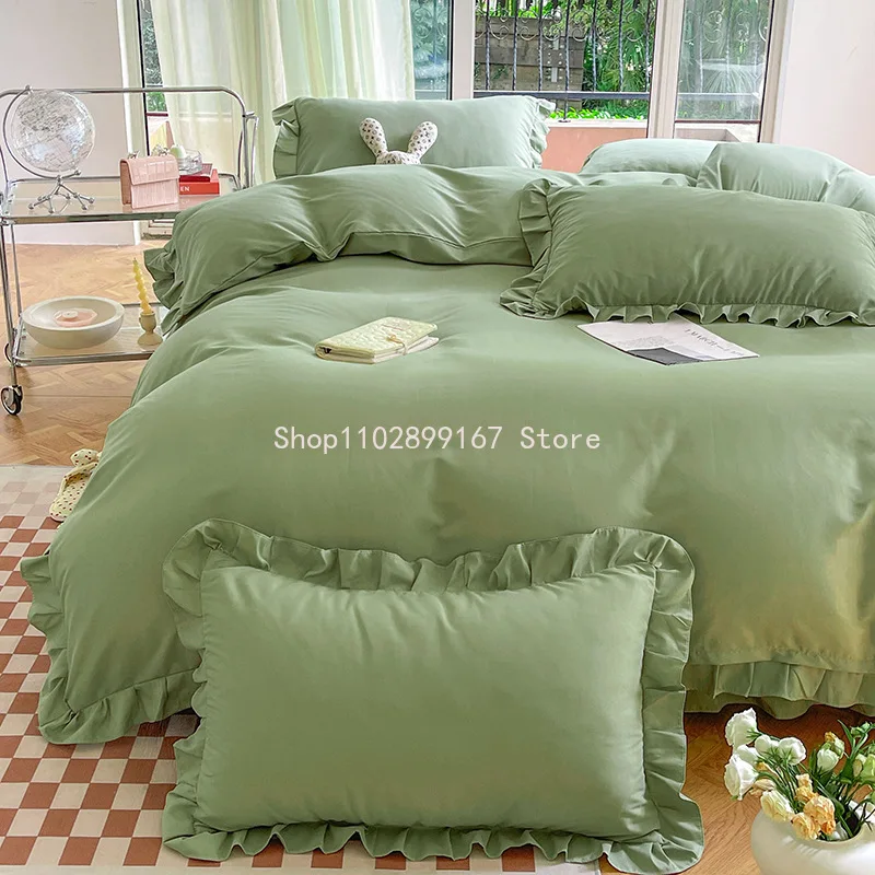 

Bedding Set Simple Ins Girl Princess Ruffle Lace Duvet Cover Bed Skirt And Pillowcases Decor Bedroom Home Textiles