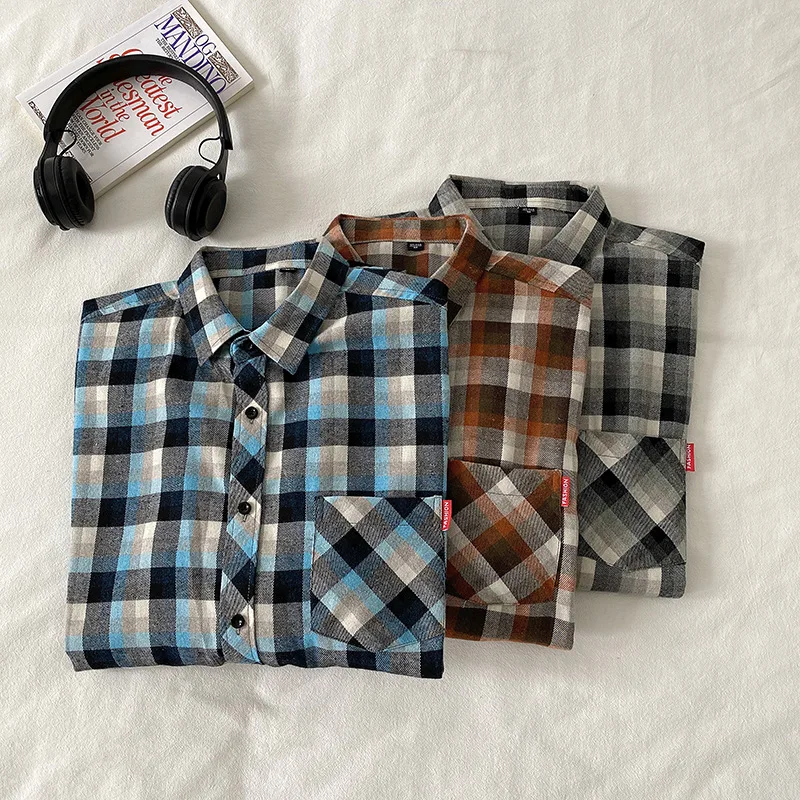 High Quality Plaid Shirt Men Cotton Long Sleeve Loose Harajuku Streetwear Lannel Vintage Shirts Korean Casual Retro Blouses Man