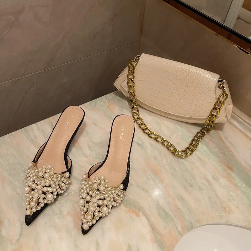

Spring/Autumn Fashion Sexy Women Shoes Elegant String Bead Crystal Patchwork Slip-On 35-42 Thin Heels Slipper NEW 2023