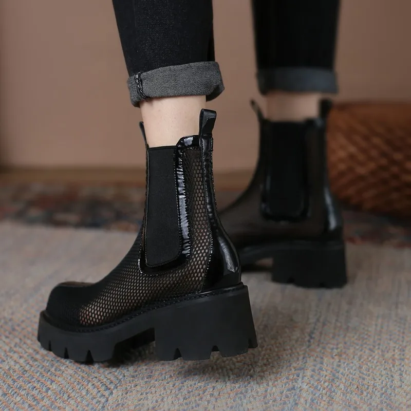 Mesh Breathable Thin Ankle Boots 2022 New British Style Thick Heel Casual Comfortable Hollow Fashion Trend Short Boots Female