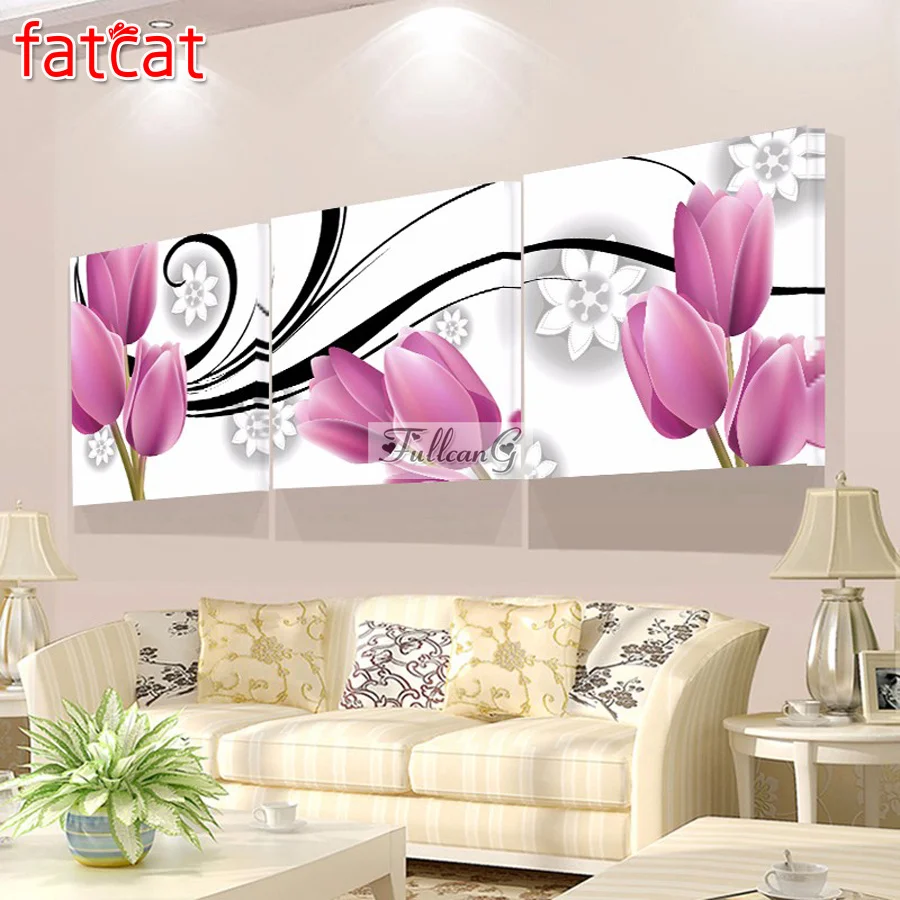 

Набор для алмазной вышивки FATCAT, набор из 3 предметов «сделай сам» с красной розой, триптих с черно-белыми цветами, домашний декор AE3399