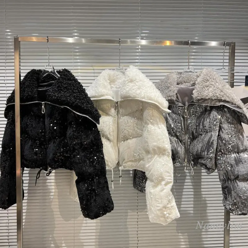 Short Sequined Parka Women 2022 Winter New Big Faux Fur Sailor Collar Full Sequins Velvet Thick Warm Cotton-Padded Jacket