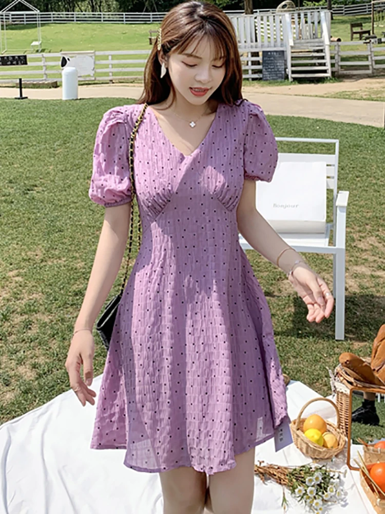 

Summer Purple Polka Dot Chiffon Short Sleeve Mini Dress Women Fashion Chic Ruffled V-Neck Bow Dress 2023 Korean Vintage Dresses