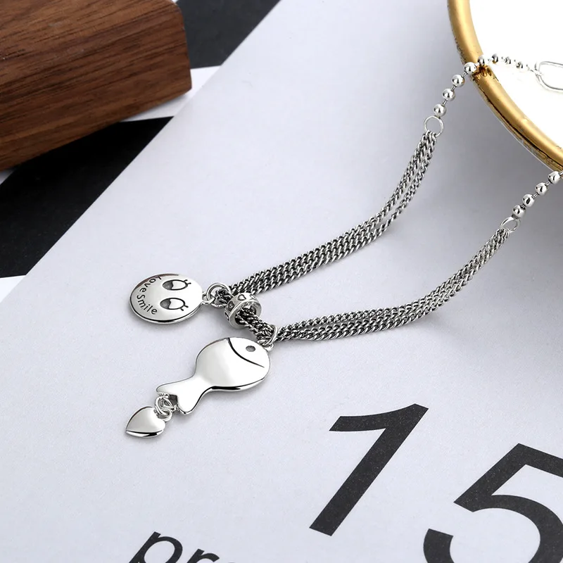 

Collar Chain 925 Sterling Silver Necklace Smiley Face Little Fish Love Girl Retro Worn Asymmetrical Splice Chain Personality ins