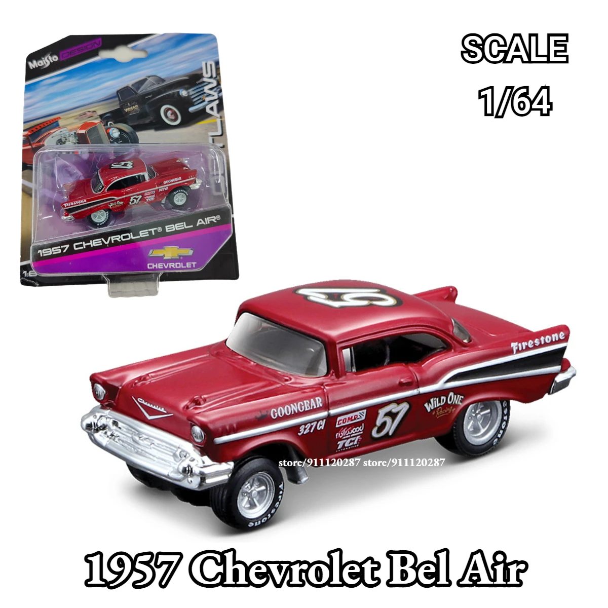 

Maisto 1/64 Mini Car Model, 1957 Chevrolet Bel Air Scale Vintage Vehicle Miniature Art Diecast Replica Collection Toy