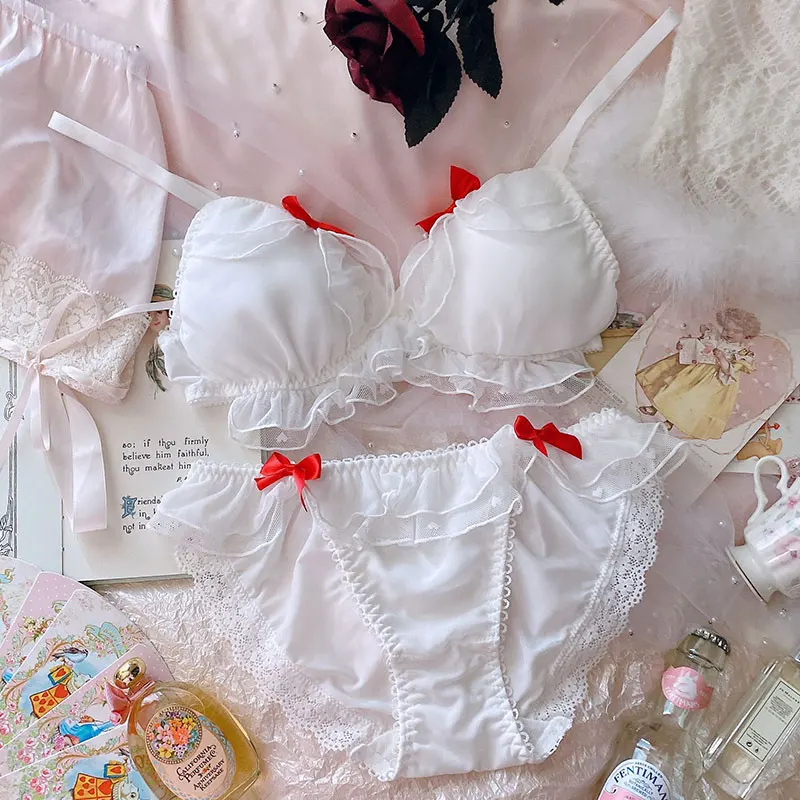 Girl lolita simple bra panties set cute pure desire bralette lingerie with underpants suit no steel ring triangle cup bra set
