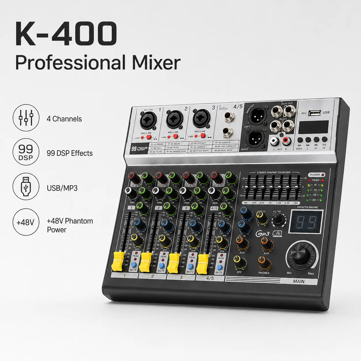 Фото Аудиомикшер K-400 с 99 DSP-эффектами, USB-воспроизведением, 7-полосным эквалайзером, 3 микрофонными входами, компактный микшерный пульт для караоке и живых выступлений №3