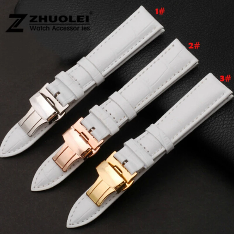 

14mm 16mm 18mm 20mm 22mm Rose Gold Watch buckle Genuine Leather Watchband Wristwatches Strap Band White color for Women watches