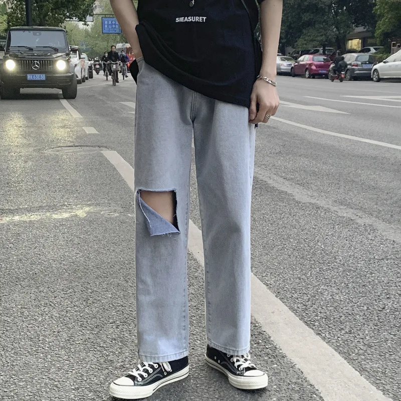 Summer Blue Hole Jeans Men Fashion Casual Straight Jeans Men Streetwear Loose Hip Hop Ripped Denim Pants Mens Trousers S-2XL