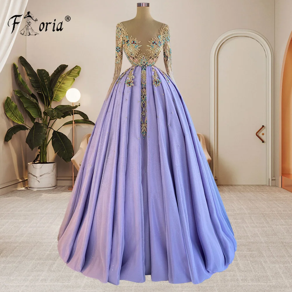 

Charming Crystal Beaded Party Dress Sheer Purple Long Sleeves A Line Prom Gowns Pleats فساتين مناسبة رسمية vestidos de noche