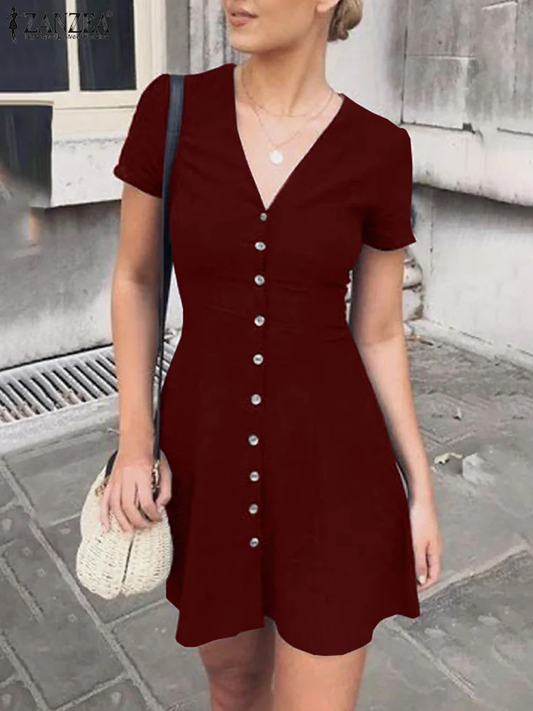 

Women Summer Slim Sundress 2022 ZANZEA Fashion V Neck Short Sleeve Mini Dress Vestidos Casual Elegant Solid OL Work Robe Femme