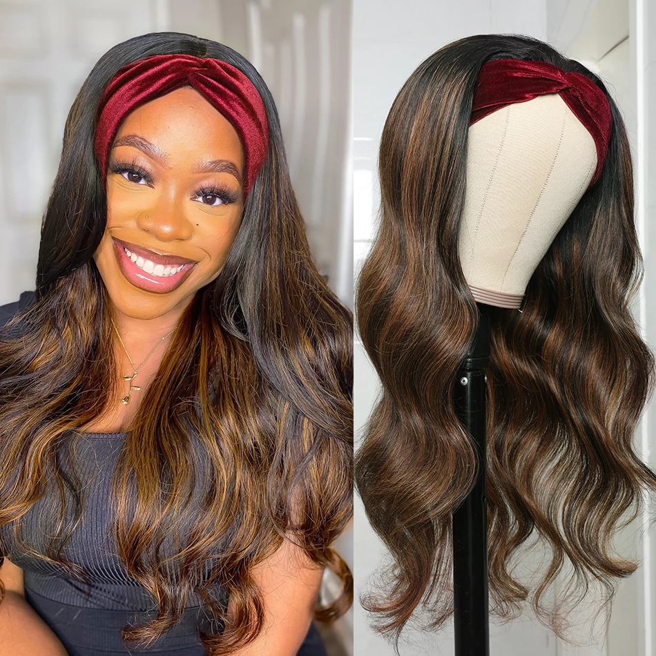 

UNice Hair Headband Wig Human Hair Glueless Body Wave Wig Chocolate Brown Balayage Highlight Human Hair Wigs Beginner Friendly