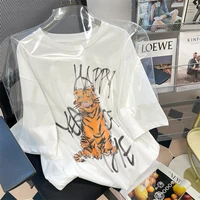 retro graffiti tiger printed short sleeve t shirt womens summer loose american vintage fashion white top graphic tees women