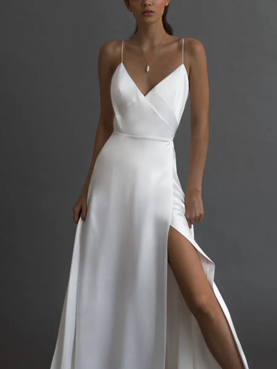 2022 Women Elegant Long Dress Sleeveless Camisole V-neck Solid Maxi Tank Split Fork White Dresses