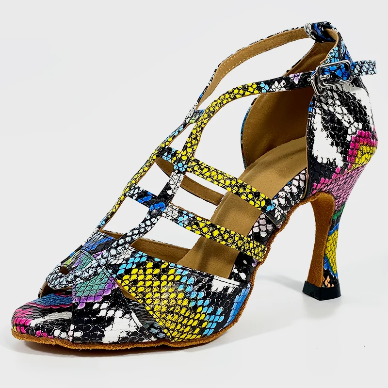 Dancing Shoes Suede Leather Sole Customized Heel 9cm 7cm Colorful Snake Leather African Latin Salsa Dance Shoes Girls