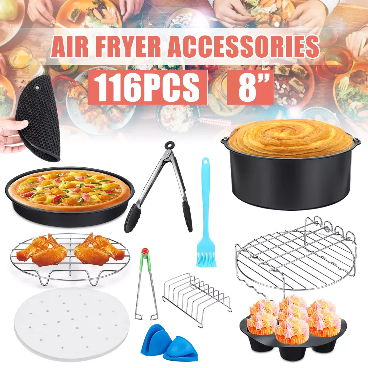 

116pcs/set 8 Inch Air Fryer Access Fit for Airfryer 5.2-5.8QT Baking Basket Pizza Plate Grill Pot Kitchen Cooking Tool for Party