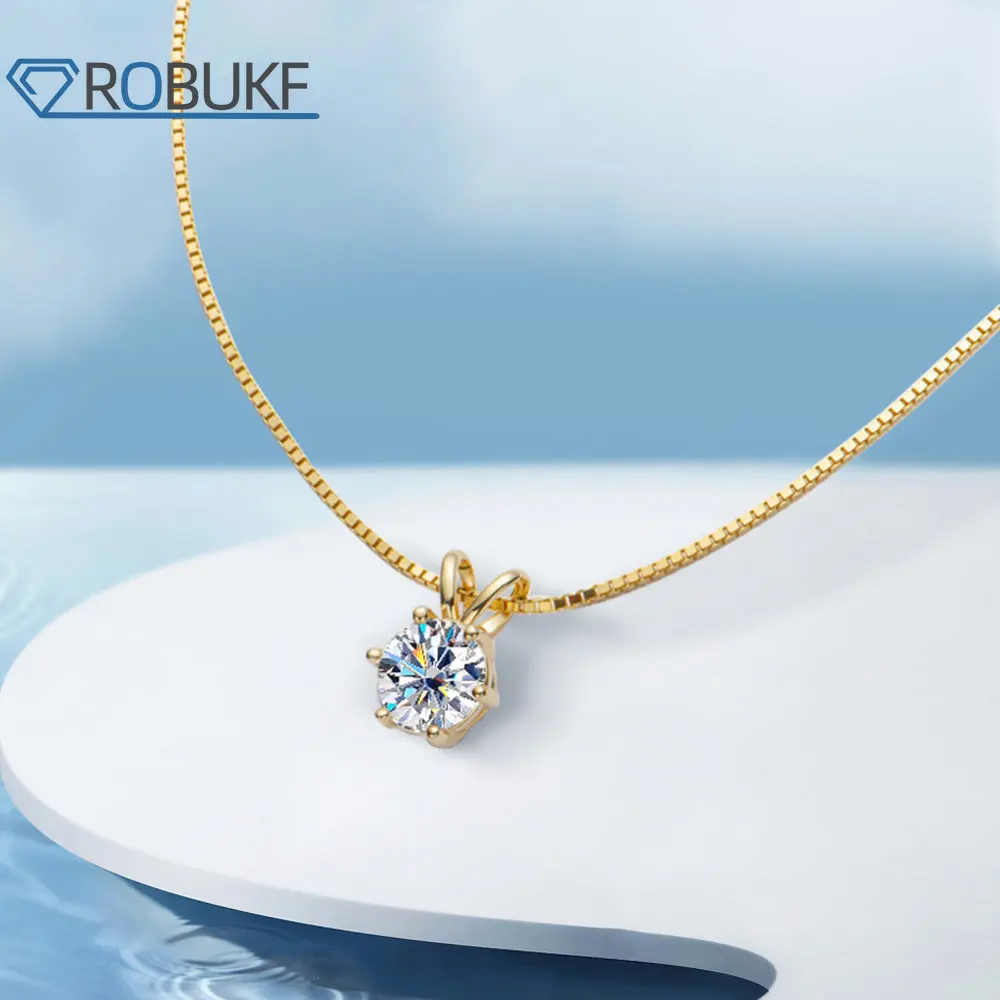 

ROBUKF 1 Carat D Color Moissanite Pendant Necklace For Women Classic 6 Prong 925 Sterling Silver Platinum Plated Box Chain Party