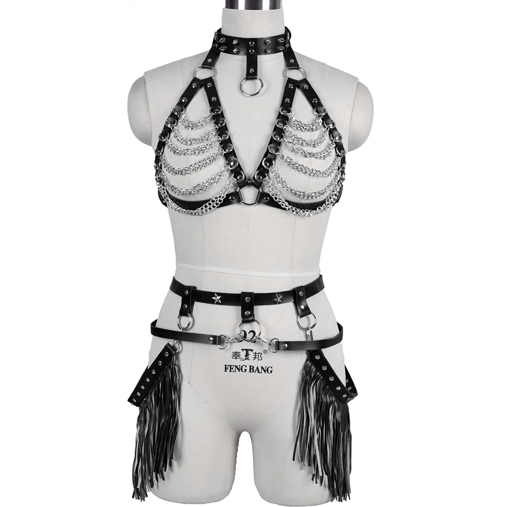 

Women Sexy Tassels Garter Belt Goth Leather Top Harness Waist Sword Belt Stocking Erotic Lingerie Body Bondage Suspender Cage